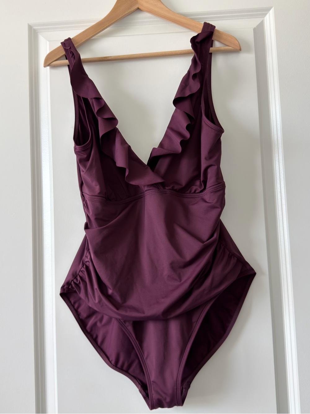 Ralph Lauren Girls Plum Ruffled V‑Neck Swimsuit